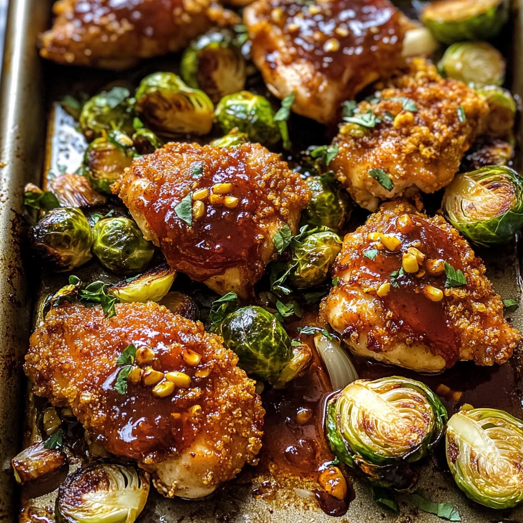 Sheet Pan Hot Honey Mustard Chicken and Crispy Brussels Sprouts.