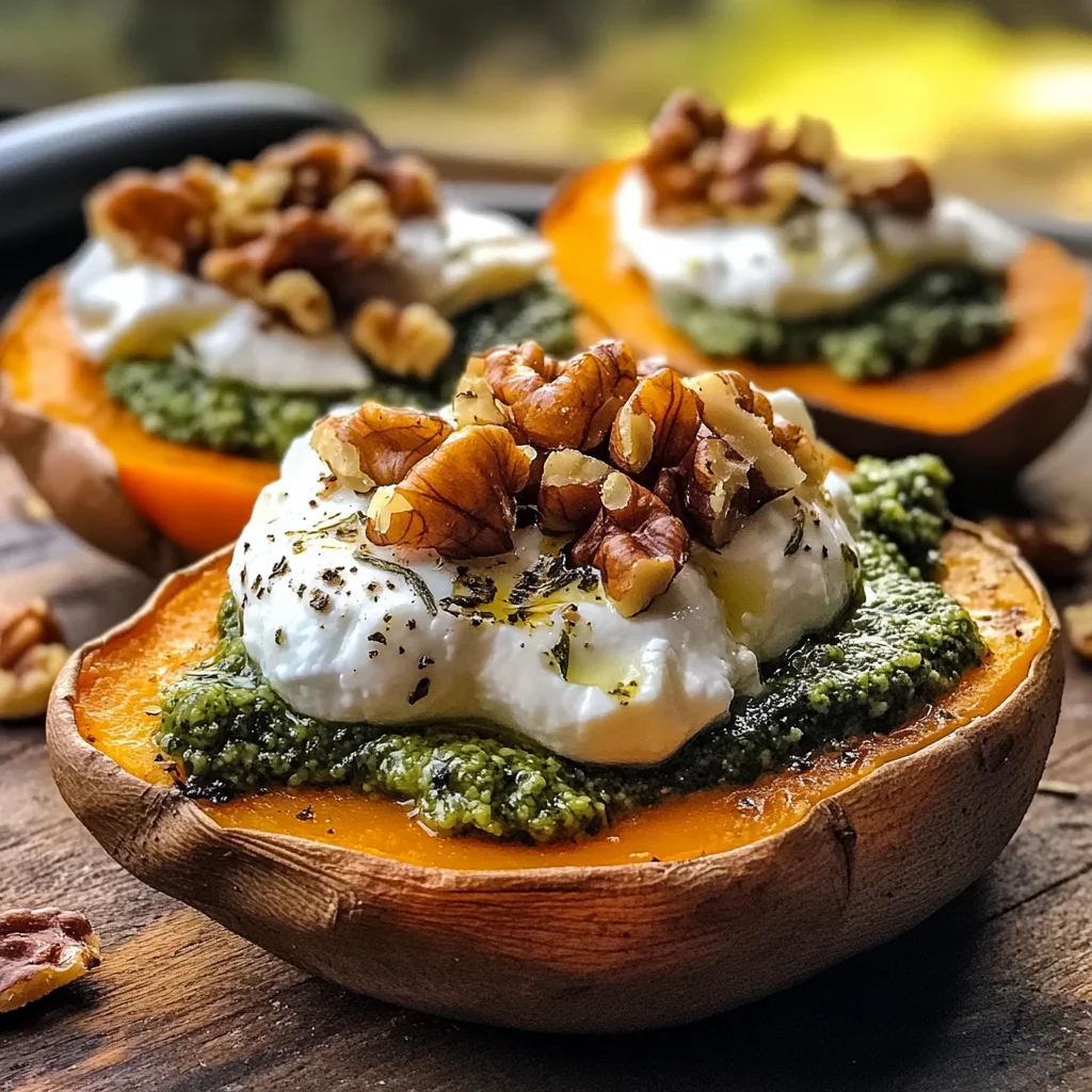 Stuffed Sweet Potatoes with Burrata, Toasted Walnuts & Sage Pesto
