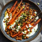 Spicy maple roast carrots with crispy chickpeas and yogurt sauce