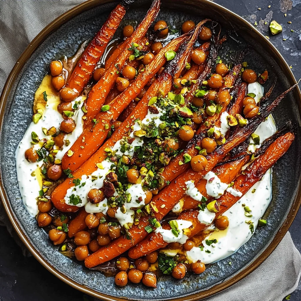 Spicy maple roast carrots with crispy chickpeas and yogurt sauce