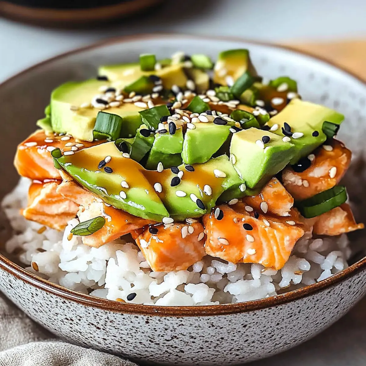 Teriyaki Salmon Avocado Rice Stack