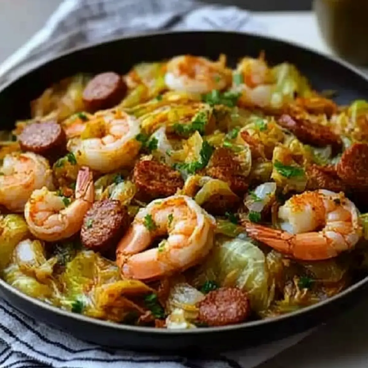 Fried Cabbage with Shrimp and Sausage