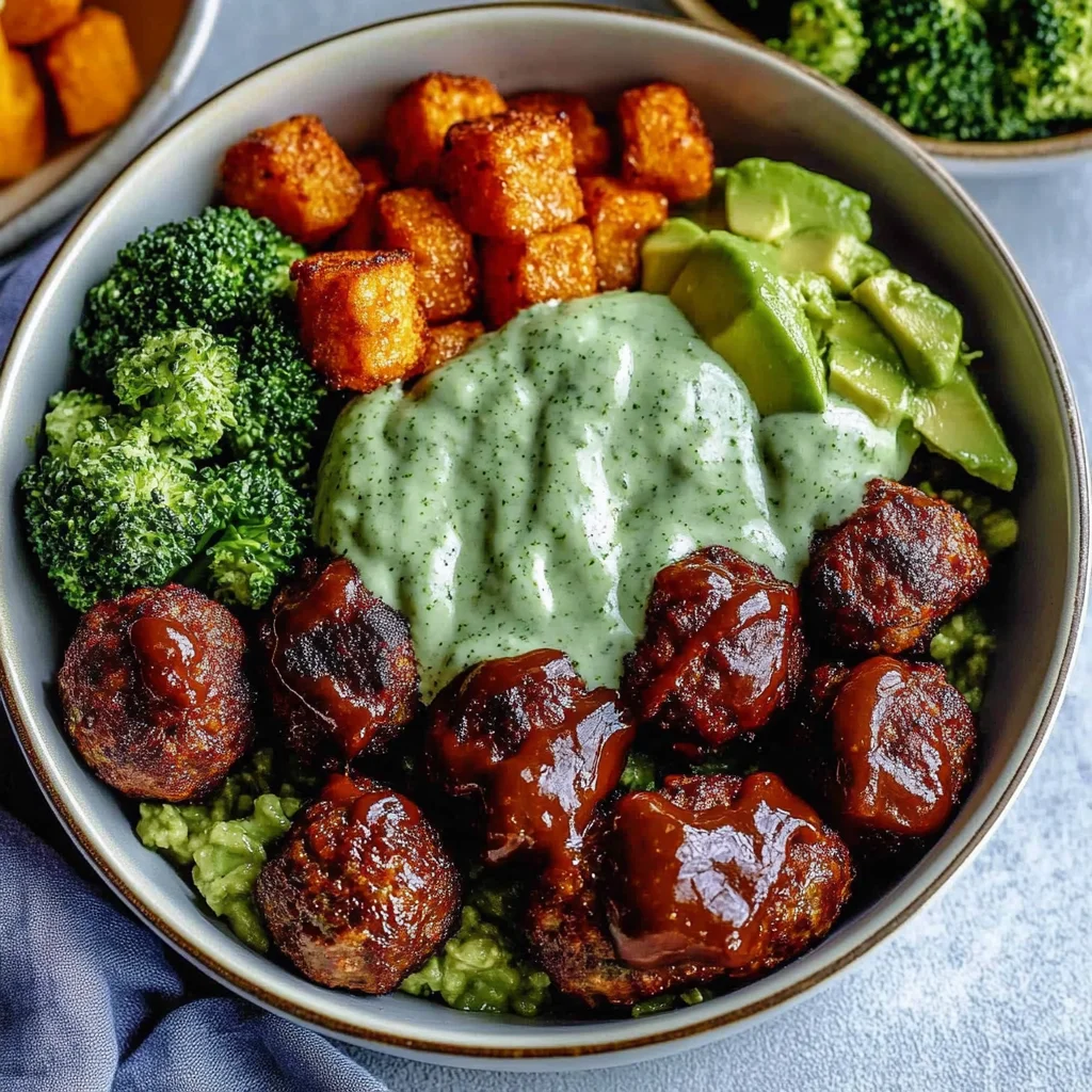 Barbecue Meatball Bowls with Avocado Goddess Sauce: Divin…