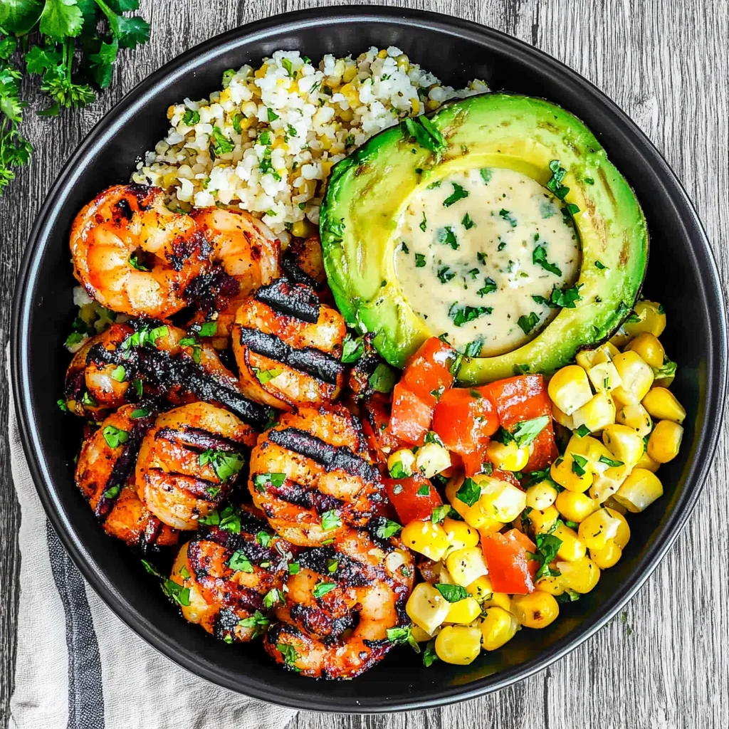 Grilled Shrimp Bowl with Avocado, Corn Salsa & Creamy Sau…