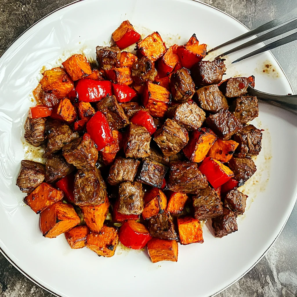 Whole30 Steak Bites with Sweet Potatoes and Peppers: Hear…